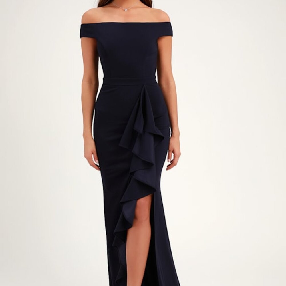 Lulus Mila Navy Blue Ruffled Off-the-shoulder Maxi Dress - Size XS